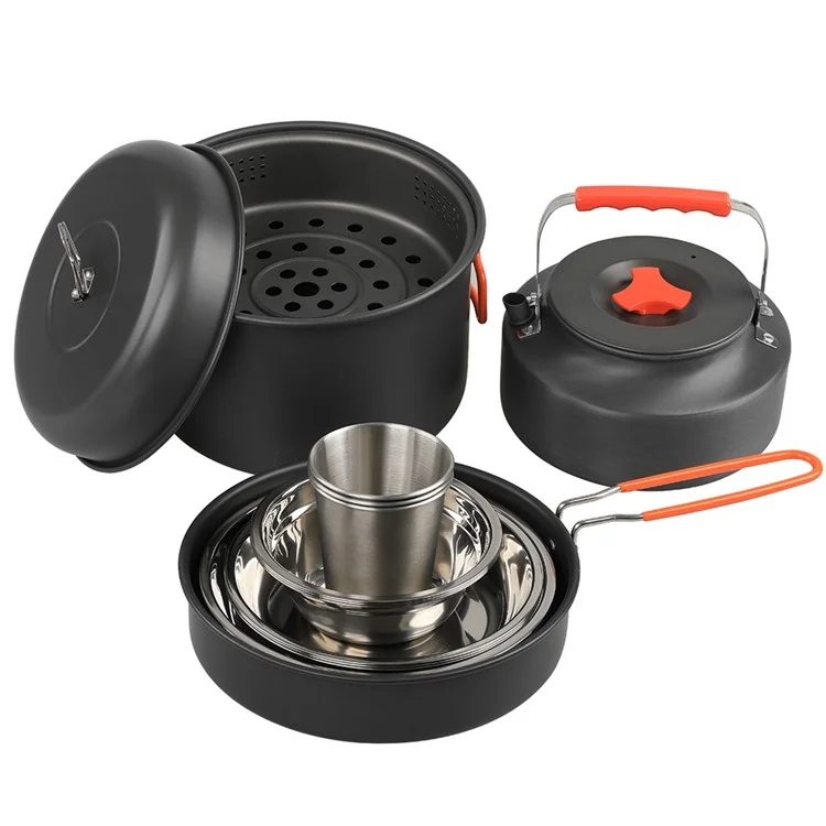 Ensemble de batterie de cuisine de camping AOTU DS-718 Bouilloire Casserole Poêle Assiette en acier inoxydable Bol Tasse à eau (sans BPA, pas d'approbation de la FDA)