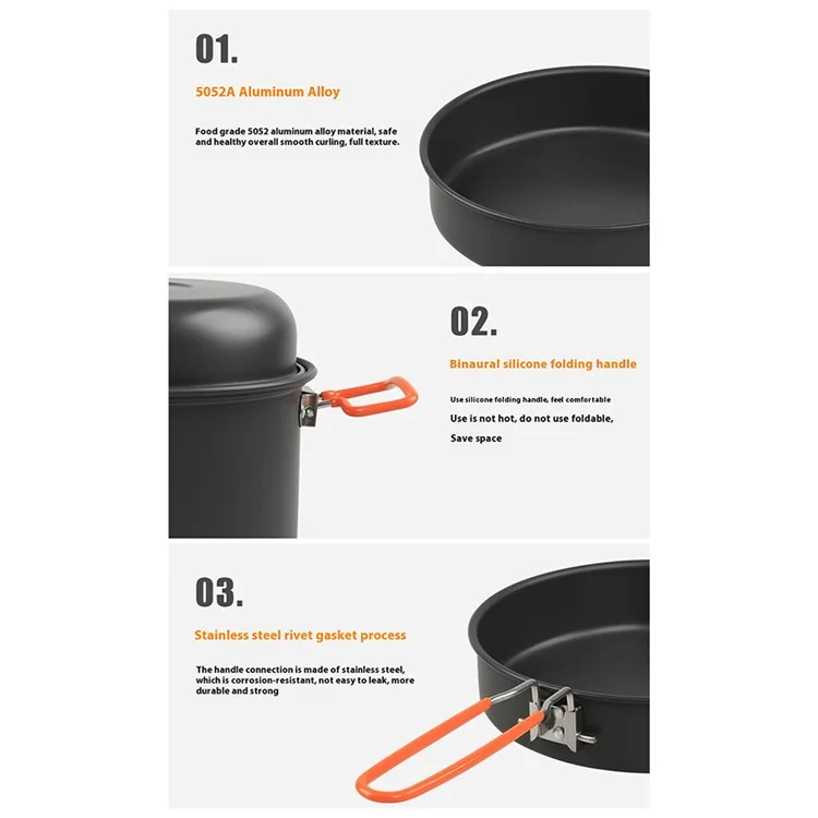Ensemble de batterie de cuisine de camping AOTU DS-718 Bouilloire Casserole Poêle Assiette en acier inoxydable Bol Tasse à eau (sans BPA, pas d'approbation de la FDA)