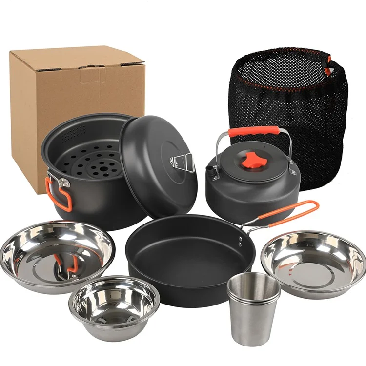 Ensemble de batterie de cuisine de camping AOTU DS-718 Bouilloire Casserole Poêle Assiette en acier inoxydable Bol Tasse à eau (sans BPA, pas d'approbation de la FDA)