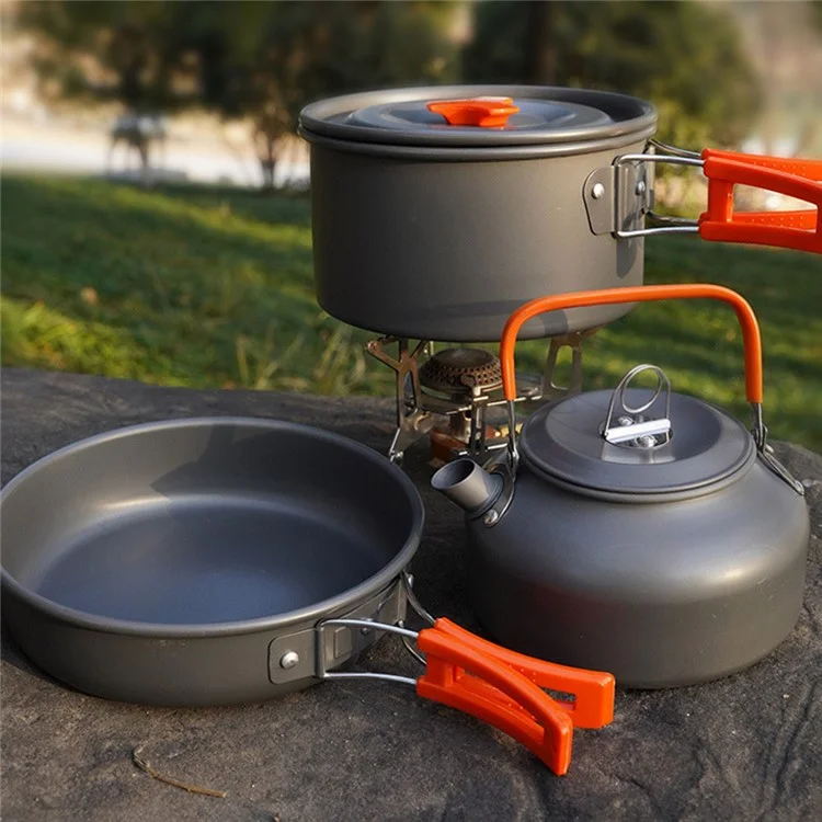 Ensemble de batterie de cuisine de camping AOTU Bouilloire Casserole Poêle à frire Planche à découper Kit (sans BPA, sans FDA) - Orange