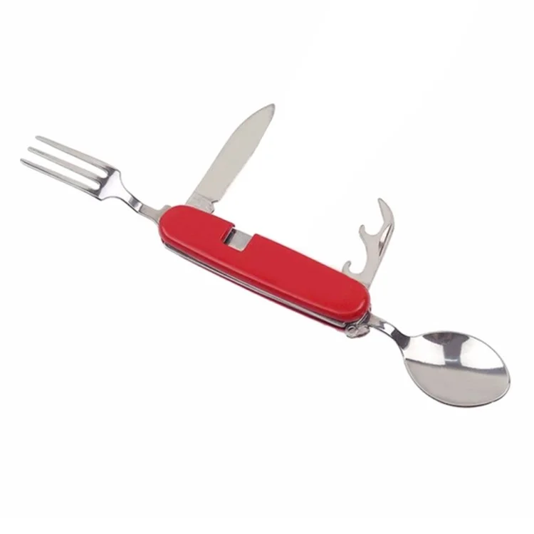 Talheres de Camping Dobráveis 4 em 1 de Aço Inoxidável - Faca, Garfo, Colher e Abridor de Garrafas - Vermelho