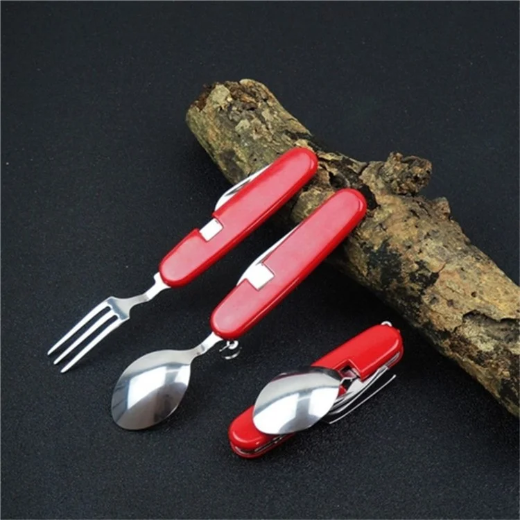 Talheres de Camping Dobráveis 4 em 1 de Aço Inoxidável - Faca, Garfo, Colher e Abridor de Garrafas - Vermelho