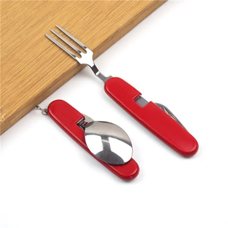 Talheres de Camping Dobráveis 4 em 1 de Aço Inoxidável - Faca, Garfo, Colher e Abridor de Garrafas - Vermelho