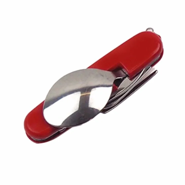 Talheres de Camping Dobráveis 4 em 1 de Aço Inoxidável - Faca, Garfo, Colher e Abridor de Garrafas - Vermelho