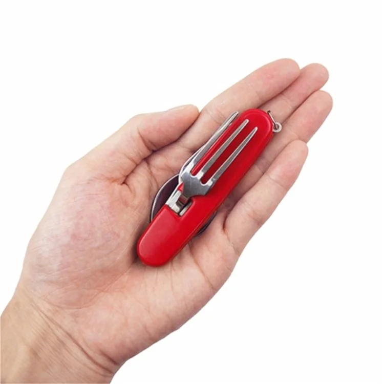 Talheres de Camping Dobráveis 4 em 1 de Aço Inoxidável - Faca, Garfo, Colher e Abridor de Garrafas - Vermelho
