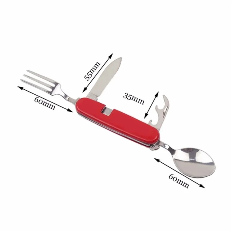 Talheres de Camping Dobráveis 4 em 1 de Aço Inoxidável - Faca, Garfo, Colher e Abridor de Garrafas - Vermelho