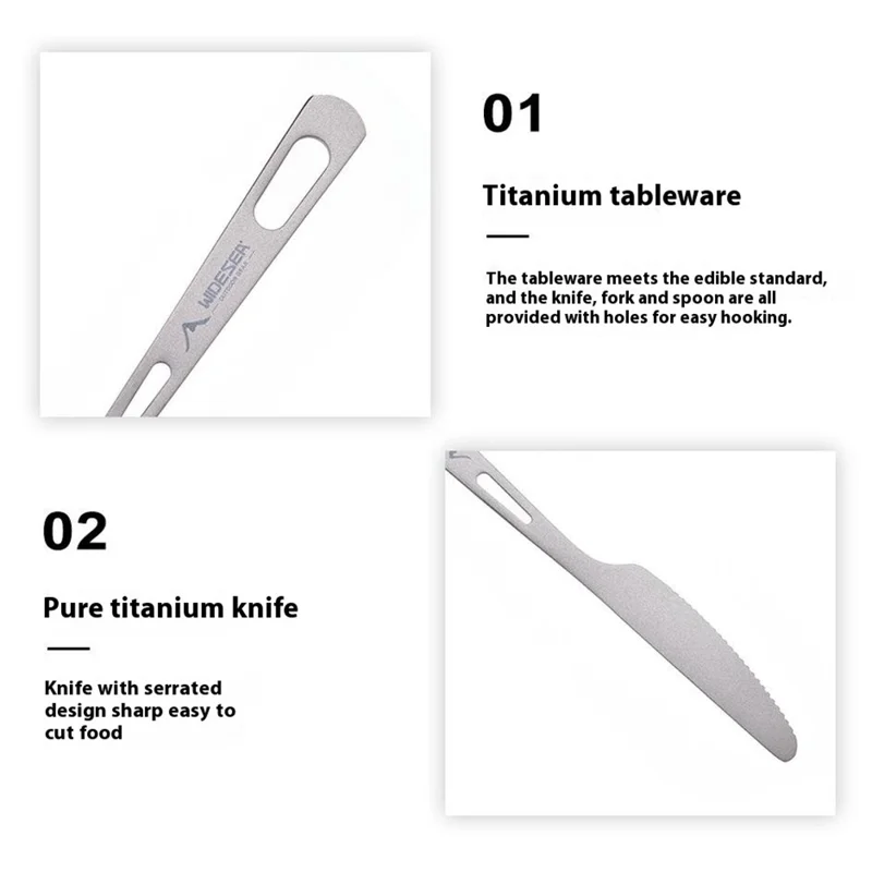 WIDESEA WSTT-121 Titanium Outdoor Camping Picnic Cutlery Set Knife Fork Spoon with Mesh Bag (BPA Free, No FDA)