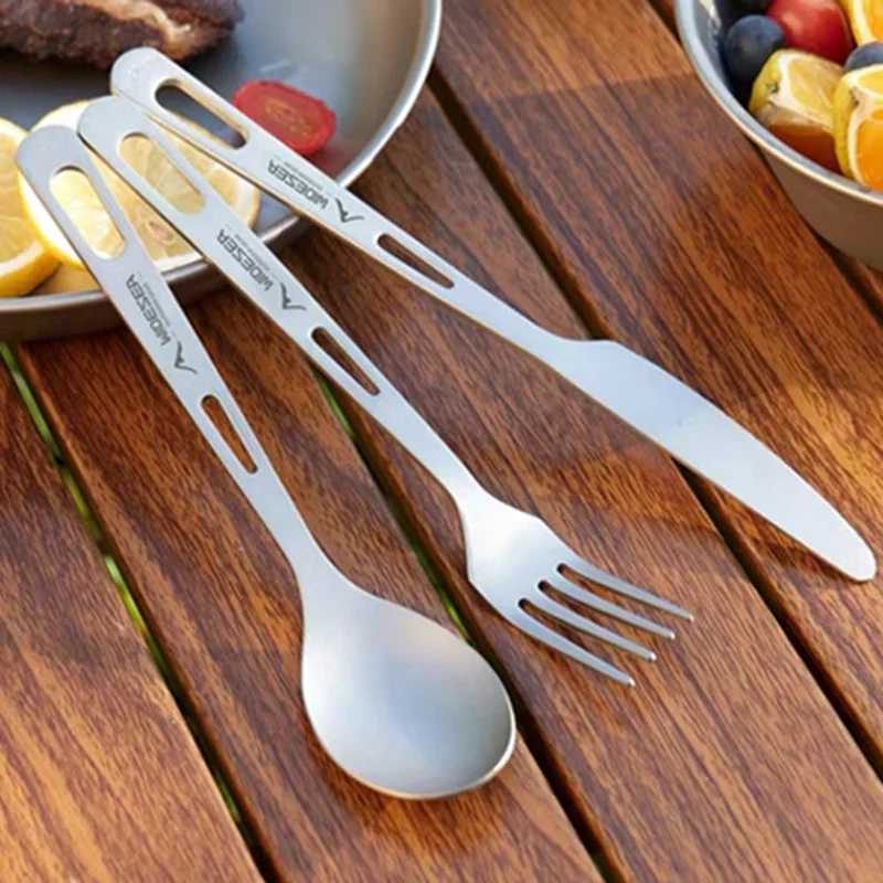 WIDESEA WSTT-121 Titanium Outdoor Camping Picnic Cutlery Set Knife Fork Spoon with Mesh Bag (BPA Free, No FDA)