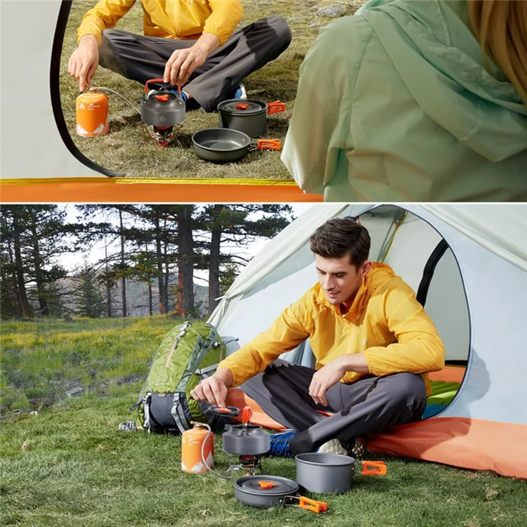 HEWOLF HW-K1692 Portable Handle Pan Temperature Resistant Camping Cookware Set with Water Bottle for 2-3 People