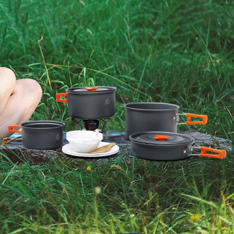 HEWOLF HW-K1501 Portable Non-slip Handle Pan Temperature Resistant Camping Cookware Set for 4-5 People