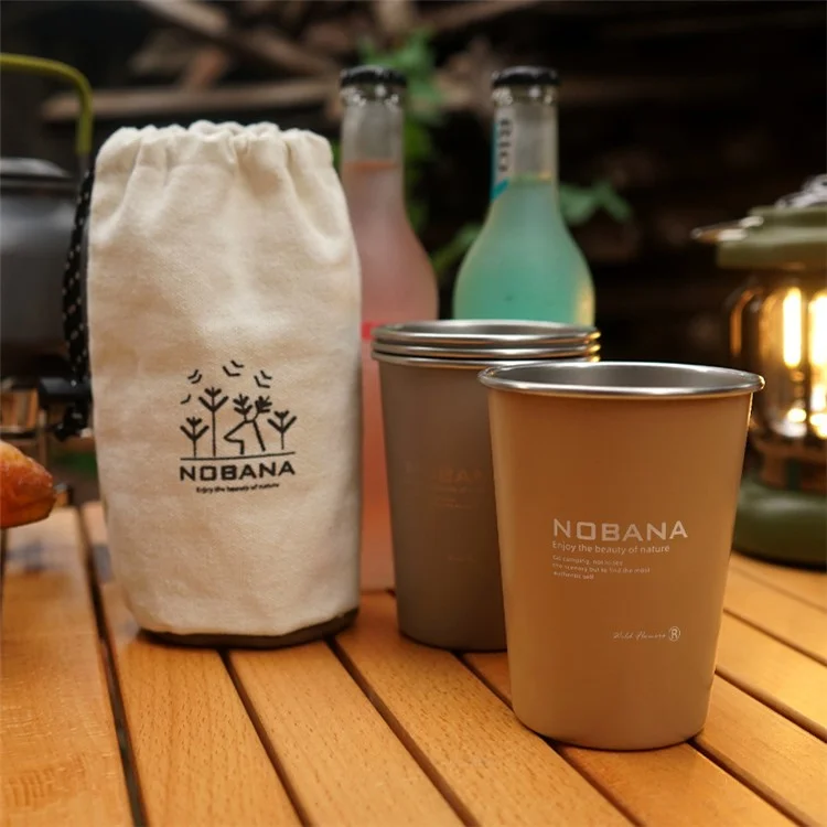 Nobana 4pcs Camping Tasse de Gobelets Bpa Sans FDA Certifié 304 Tasse de Consommation en Acier Inoxydable Avec Sac de Rangement - Style Sauvage