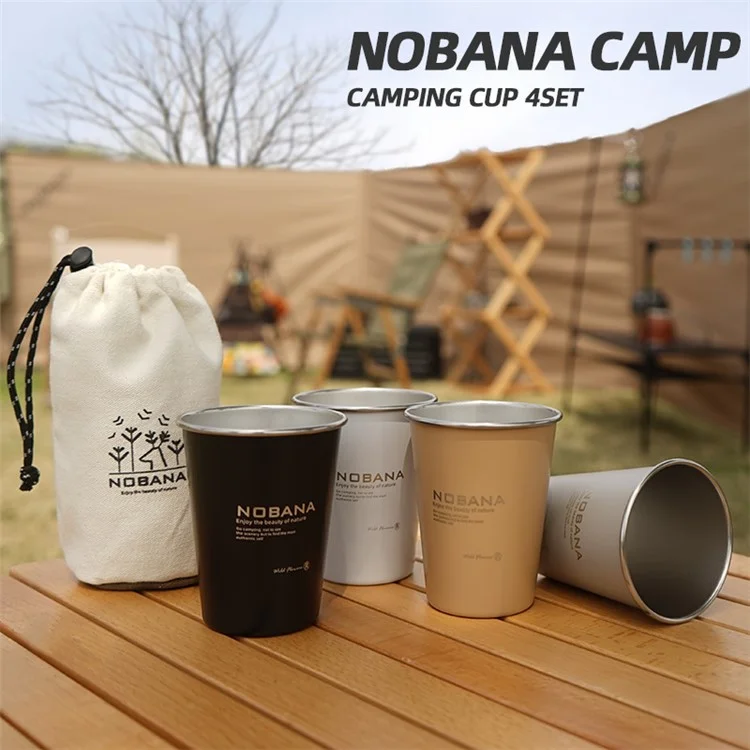 NOBANA 4PCS Tasses de Camping en Acier Inoxydable 304 sans BPA Non Certifié par la FDA, avec Sac de Rangement - Style Wilderness