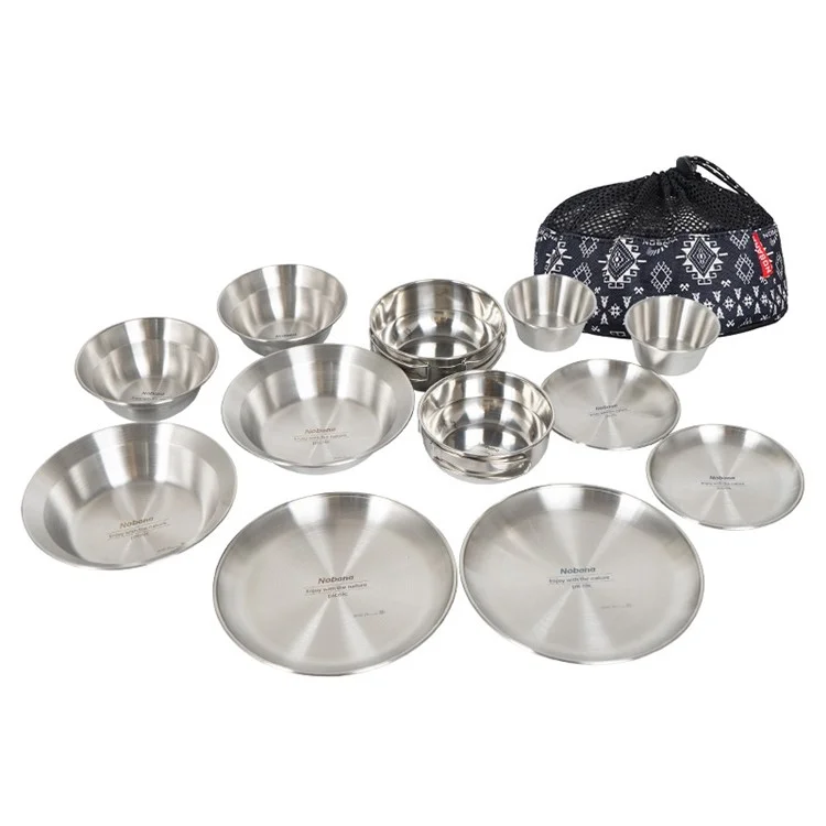 NOBANA 12PCS Riutilizzabile Camping Home Ciotole BBQ Piastre Escursionismo Picnic Stoviglie Piatti in Acciaio Inossidabile con Borsa di Conservazione (Senza BPA, Nessuna Certificazione FDA)