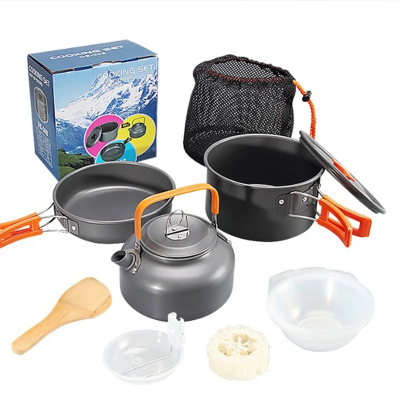 HALIN DS-308 Portable Frying Pan Tea Pot Hard Alumina Camping Cookware Set for 2-3 People (No FDA, BPA-Free) - Orange