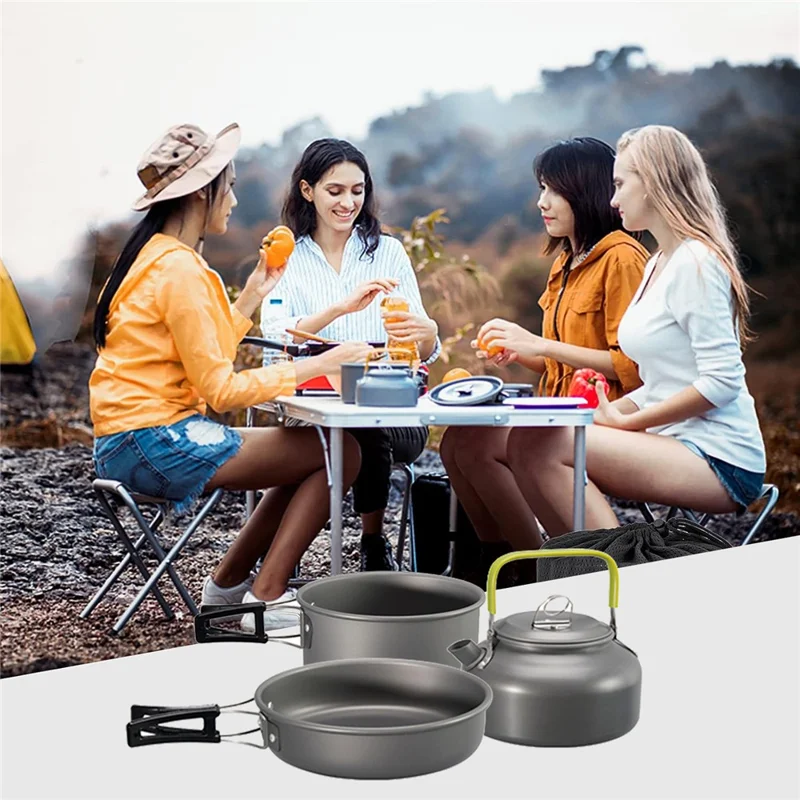 HALIN DS-308 Portable Frying Pan Tea Pot Hard Alumina Camping Cookware Set for 2-3 People (No FDA, BPA-Free) - Orange