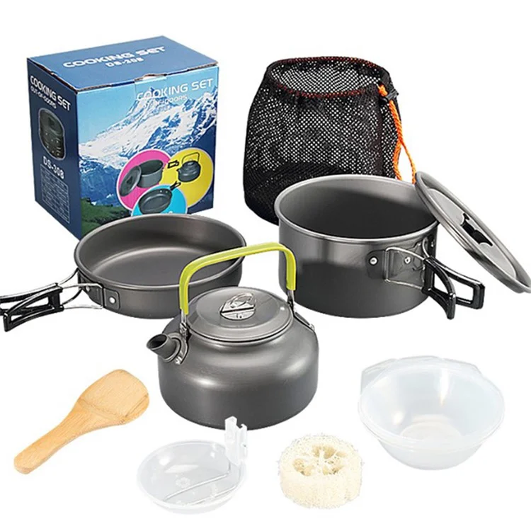HALIN DS-308 Portable Frying Pan Tea Pot Hard Alumina Camping Cookware Set for 2-3 People (No FDA, BPA-Free) - Black