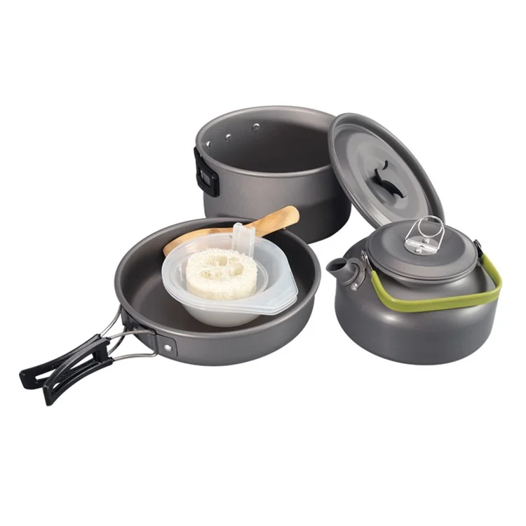 HALIN DS-308 Portable Frying Pan Tea Pot Hard Alumina Camping Cookware Set for 2-3 People (No FDA, BPA-Free) - Black