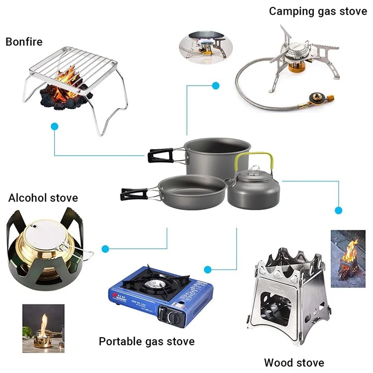 HALIN DS-308 Portable Frying Pan Tea Pot Hard Alumina Camping Cookware Set for 2-3 People (No FDA, BPA-Free) - Black