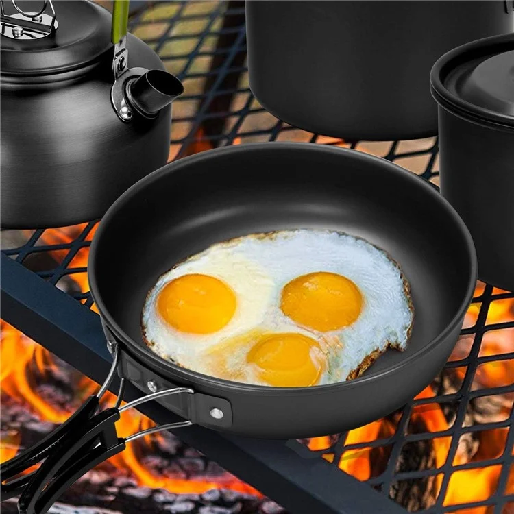 HALIN DS-308 Portable Frying Pan Tea Pot Hard Alumina Camping Cookware Set for 2-3 People (No FDA, BPA-Free) - Black