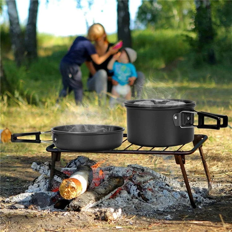 HALIN DS-308 Portable Frying Pan Tea Pot Hard Alumina Camping Cookware Set for 2-3 People (No FDA, BPA-Free) - Black