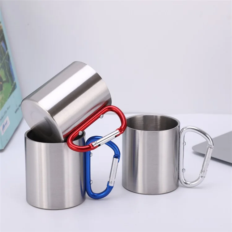 220ML Stainless Steel Camping Mug Portable Outdoor Hiking Coffee Cup Drinks Cup with Carabiner (No FDA Certification) - Silver