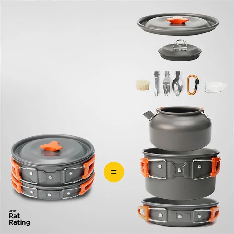 AOTU AT6384-2 Portable Handle Pan Outdoor Camping Picnic Pot Cookware Set for 2-3 People (No FDA, BPA-Free) - Orange
