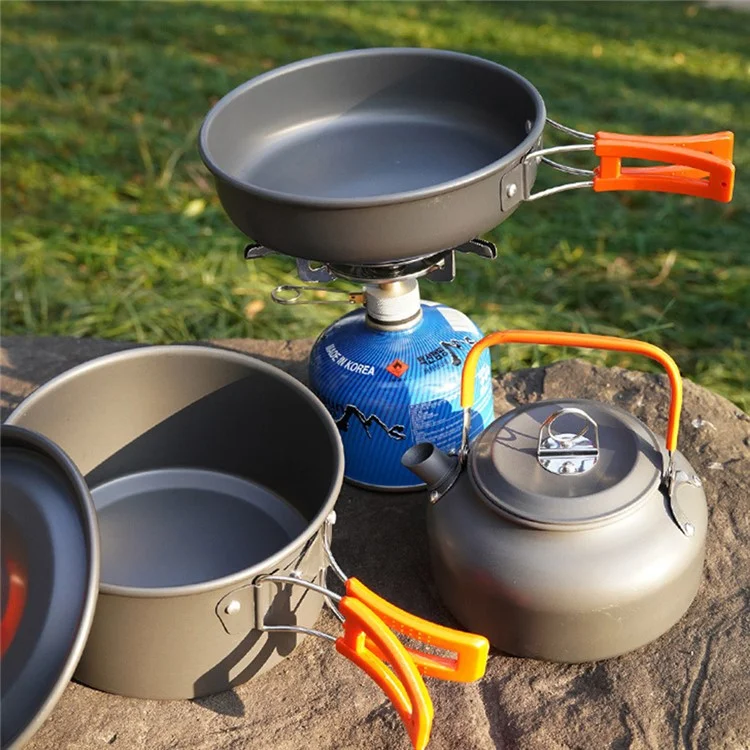 AOTU AT6384-2 Portable Handle Pan Outdoor Camping Picnic Pot Cookware Set for 2-3 People (No FDA, BPA-Free) - Orange