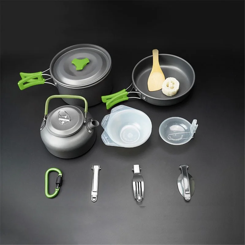 AOTU AT6384-2 Portable Handle Pan Outdoor Camping Picnic Pot Cookware Set for 2-3 People (No FDA, BPA-Free) - Green