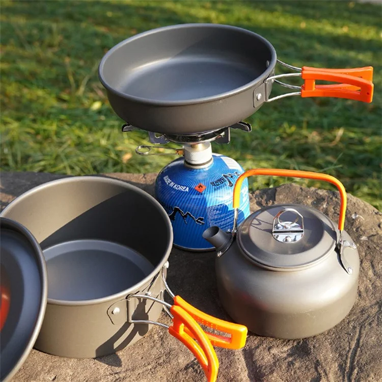 AOTU NB6803-14 Outdoor Camping Cookware Set for 2-3 People Portable Picnic Handle Pan Pot with Cups (No FDA, BPA-Free) - Orange