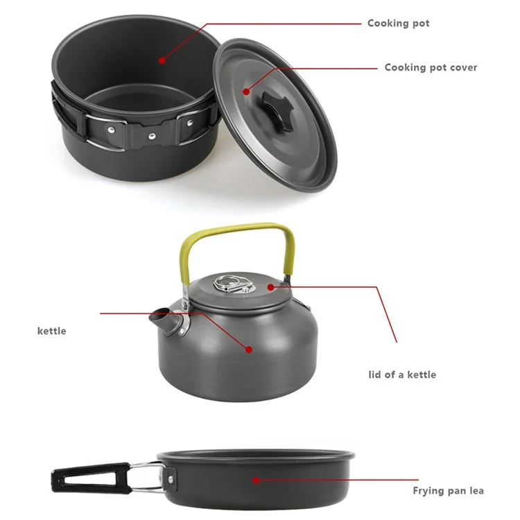 AOTU NB6803-14 Outdoor Camping Cookware Set for 2-3 People Portable Picnic Handle Pan Pot with Cups (No FDA, BPA-Free) - Orange