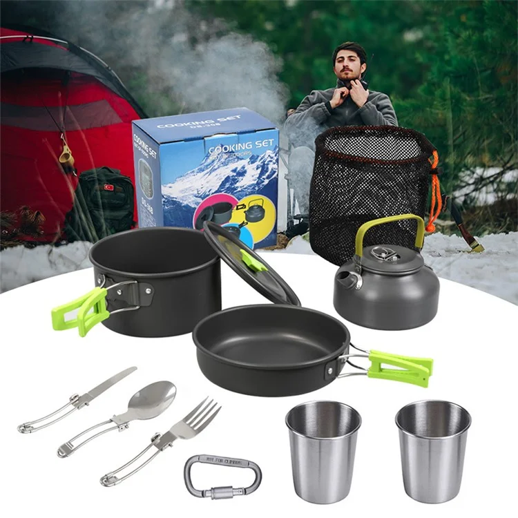 AOTU NB6803-14 Outdoor Camping Cookware Set for 2-3 People Portable Picnic Handle Pan Pot with Cups (No FDA, BPA-Free) - Orange