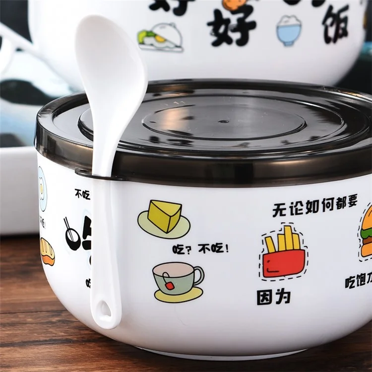 AOTU 1200ML Bol con asa lateral de agarre Térmico PP+Acero inoxidable con Tapa para fideos instantáneos, sopa (sin BPA, sin certificación FDA) - Negro 