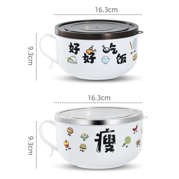 AOTU 1200ML Bol con asa lateral de agarre Térmico PP+Acero inoxidable con Tapa para fideos instantáneos, sopa (sin BPA, sin certificación FDA) - Negro 