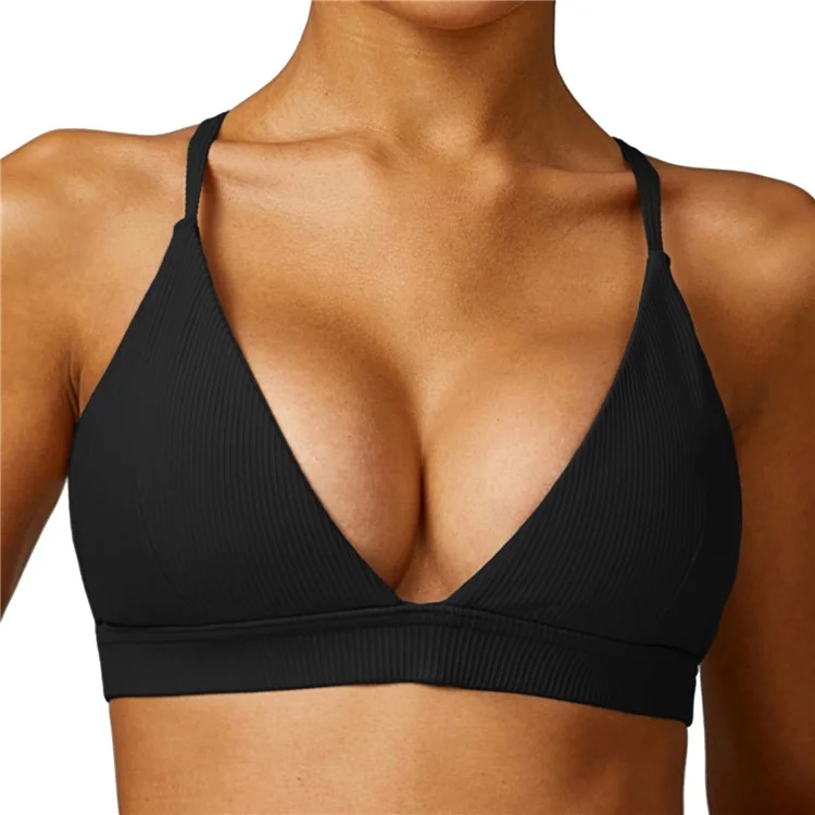 8526 Spaghetti Straps Women Sports Bra Ribbed Backless Padded Yoga Bra - Black / S