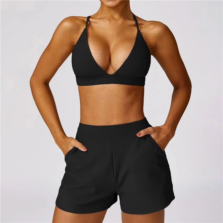 8526 Spaghetti Straps Women Sports Bra Ribbed Backless Padded Yoga Bra - Black / S