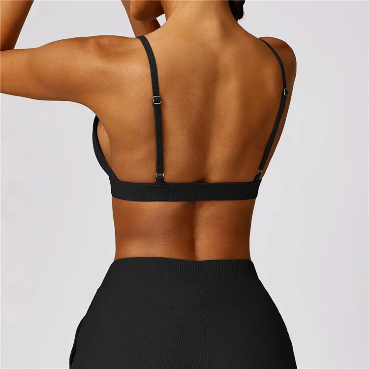 8526 Spaghetti Straps Women Sports Bra Ribbed Backless Padded Yoga Bra - Black / S