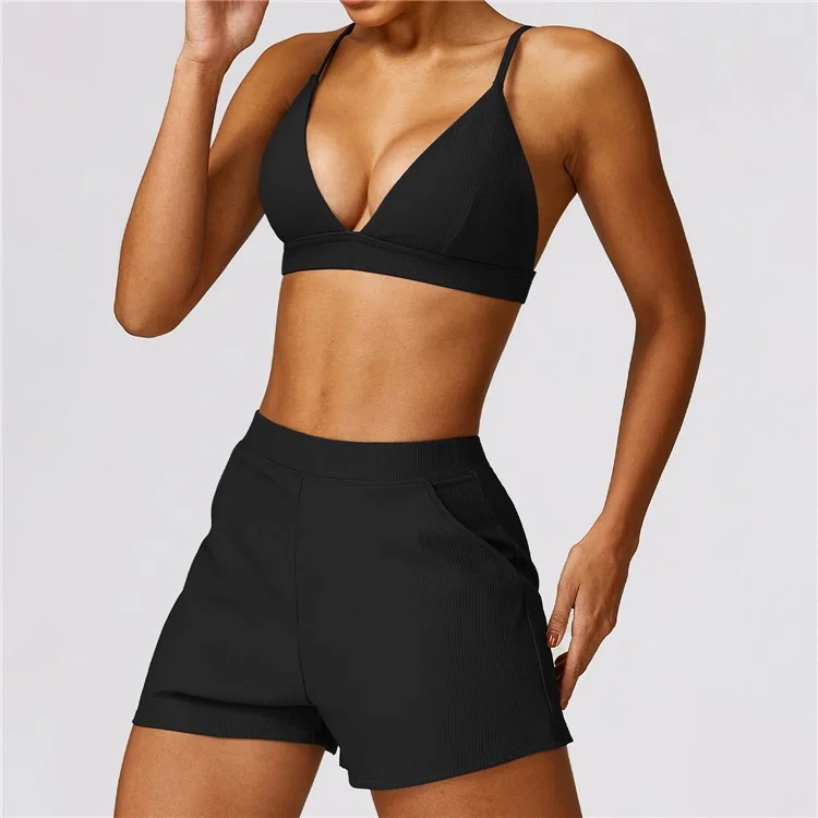8526 Spaghetti Straps Women Sports Bra Ribbed Backless Padded Yoga Bra - Black / S
