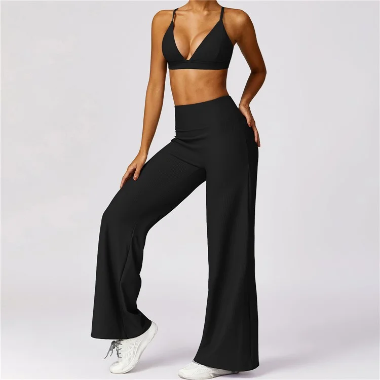 8526 Spaghetti Straps Women Sports Bra Ribbed Backless Padded Yoga Bra - Black / S