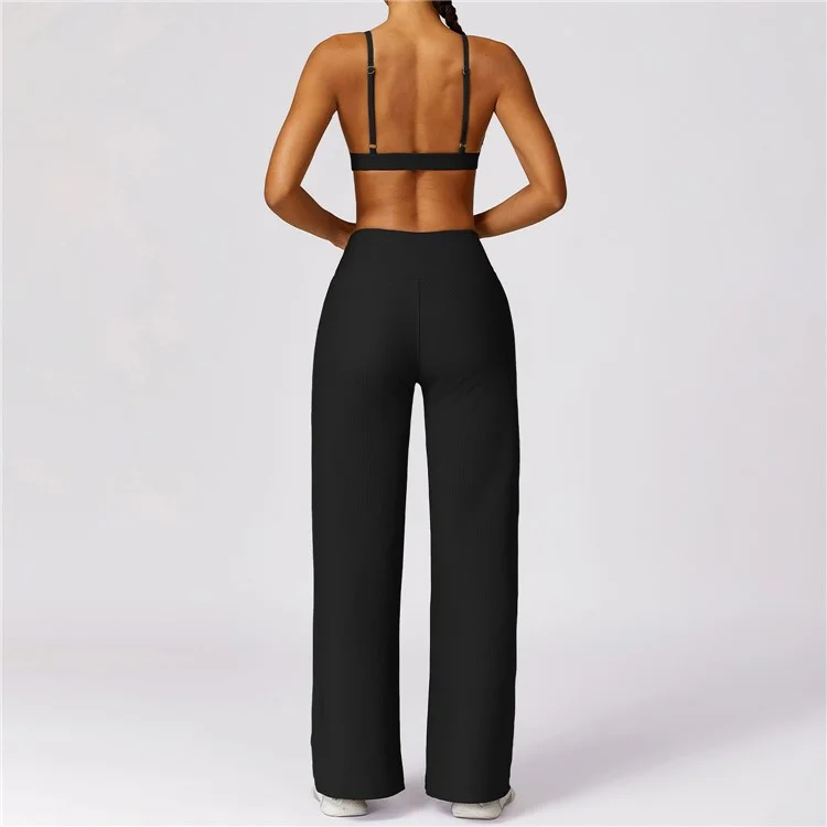 8526 Spaghetti Straps Women Sports Bra Ribbed Backless Padded Yoga Bra - Black / S