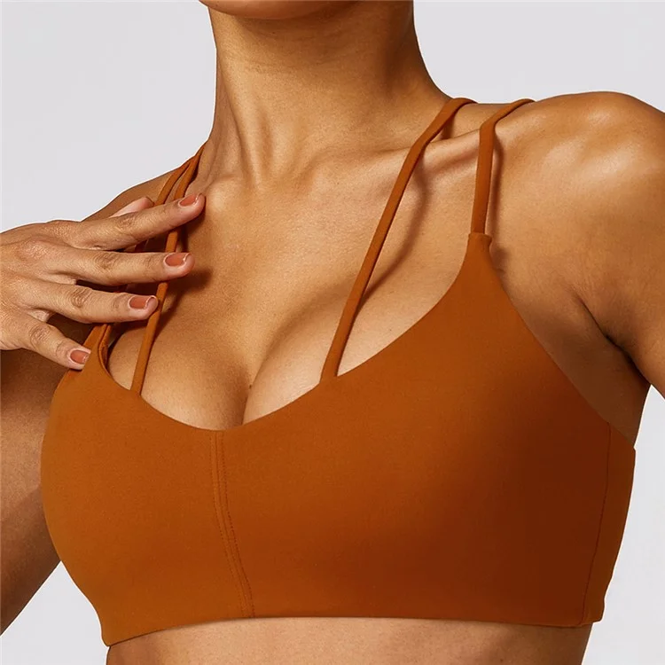 8536 Women Padded Sports Bra Y Racer Back Cropped Bras Tank Top for Yoga Workout Fitness - Caramel Brown  /  S