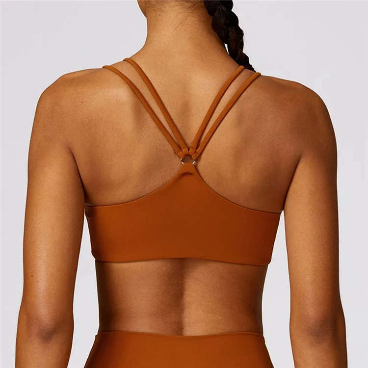 8536 Women Padded Sports Bra Y Racer Back Cropped Bras Tank Top for Yoga Workout Fitness - Caramel Brown  /  S