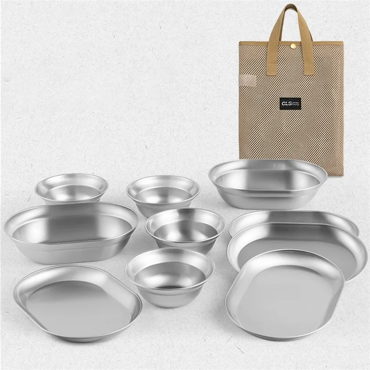 CLS 10Pcs Outdoor Tableware 304 Aço Inoxidável Bowl Conjunto de Pratos para Camping Churrasco (Sem BPA, Sem FDA)