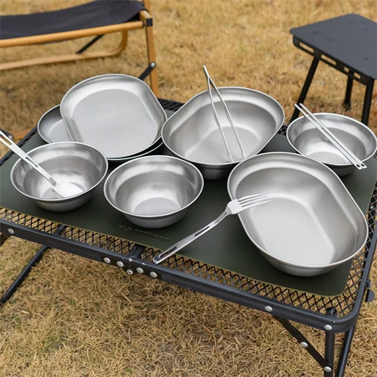 CLS 10Pcs Outdoor Tableware 304 Aço Inoxidável Bowl Conjunto de Pratos para Camping Churrasco (Sem BPA, Sem FDA)