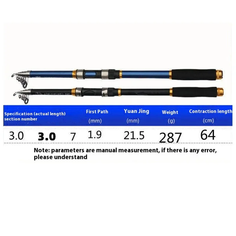 Vara de Pesca de Fibra de Vidro 3m para Pesca Marítima, Fluvial e Lacustre - Azul