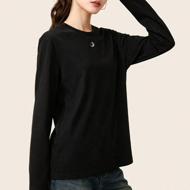 GOLOVEJOY TX04 Podkoszulek damska/męska z puchem, klasyczna koszula z długim rękawem i okrągłym dekoltem, z wzmocnionymi mankietami - Czarny / S