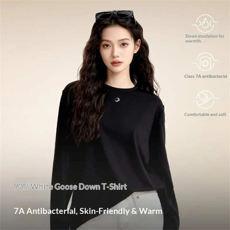 GOLOVEJOY TX04 Podkoszulek damska/męska z puchem, klasyczna koszula z długim rękawem i okrągłym dekoltem, z wzmocnionymi mankietami - Czarny / S