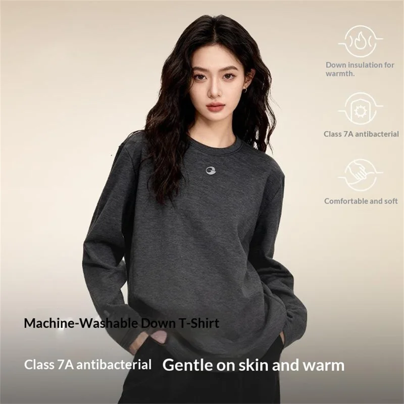 GOLOVEJOY TX04 Podkoszulek damska/męska z puchem, klasyczna koszula z długim rękawem i okrągłym dekoltem, z wzmocnionymi mankietami - Czarny / S