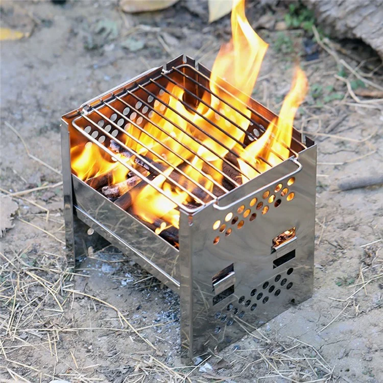 WS045 Outdoor Stainless Steel Barbecue Grill Stove Stand Portable Wood Burning Stove Camping Picnic (No FDA Certificate)