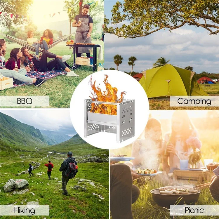 WS045 Outdoor Stainless Steel Barbecue Grill Stove Stand Portable Wood Burning Stove Camping Picnic (No FDA Certificate)