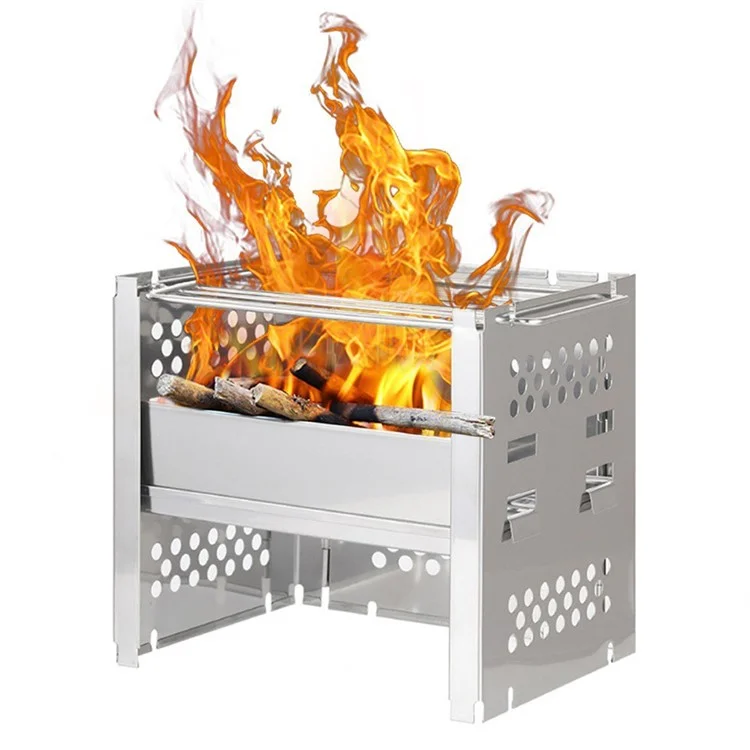 WS045 Outdoor Stainless Steel Barbecue Grill Stove Stand Portable Wood Burning Stove Camping Picnic (No FDA Certificate)